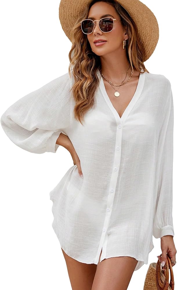 Verdusa Women's Button Up Cover Up Shirt V Neck Long Sleeve Kimono