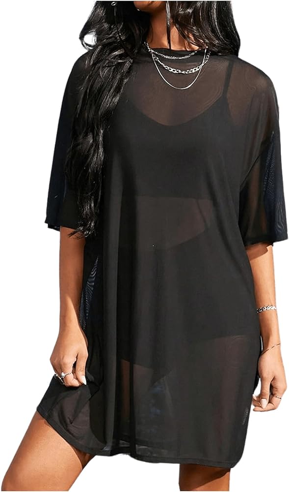 Verdusa Women's Sheer Mesh Dress Loose See Through Half Sleeve Beach Cover Up