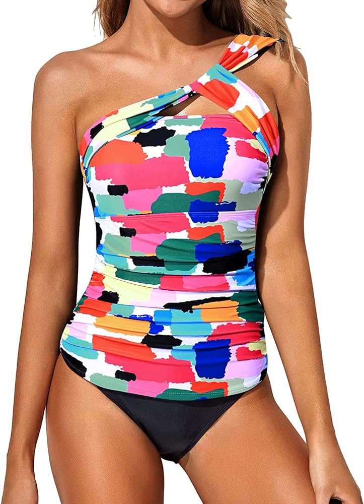 Tempt Me Two Piece Tankini Bathing Suits for Women One Shoulder Swim Top with Bottom Swimsuits