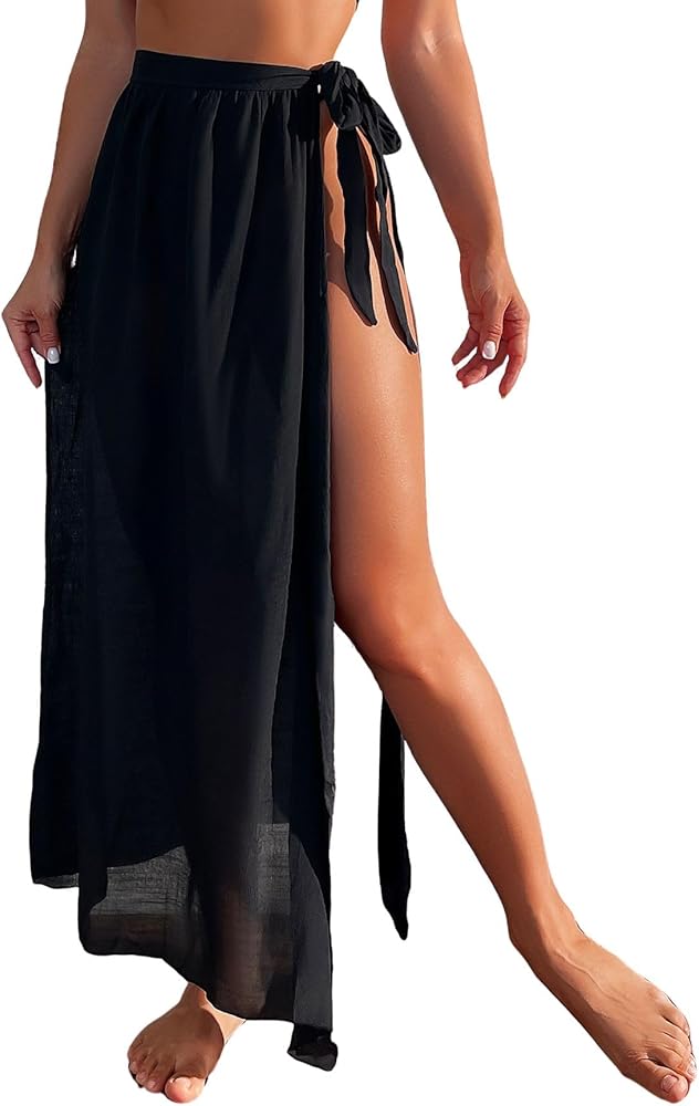 Verdusa Women's High Split Tie Side Cover Up Sheer Swimsuit Bikini Beach Maxi Skirt