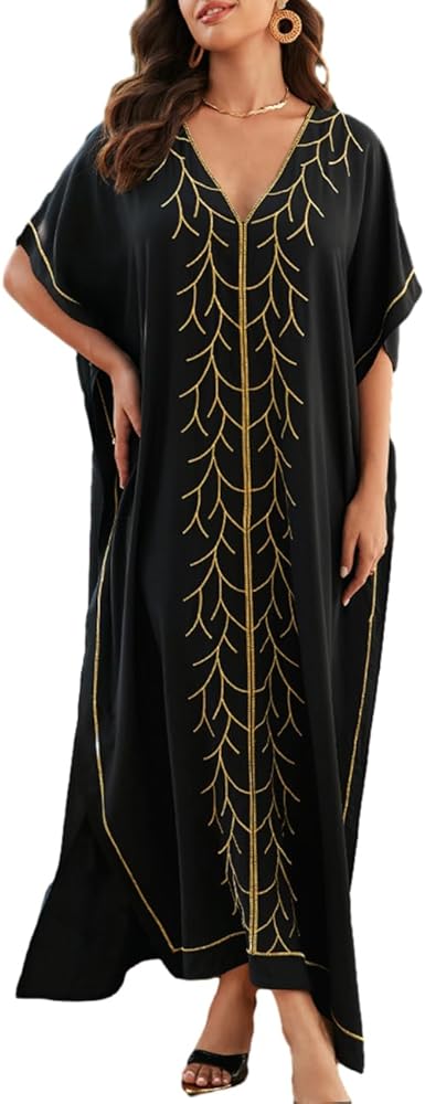 Bsubseach Kaftan Dresses for Women Long Cover Ups for Swimwear Women Caftans Gold Embroidery Swimsuit Coverup Black