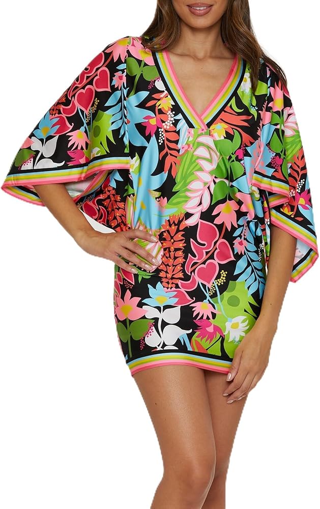 Trina Turk Tiki Casablanca Tunic, V-Neck, Floral Print, Casual, Beach Cover Ups for Women