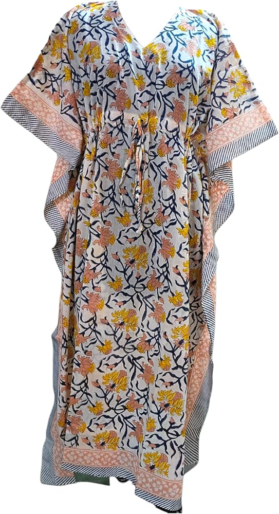 RAJBHOOMI HANDICRAFTS Women Kaftan Block Print Beach Kaftan Cotton Dress short sleeve plus size Bathing suit cover ups Yellow