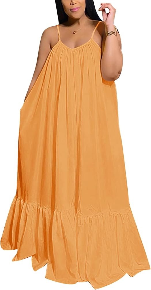 Adogirl Women's Sexy Spaghetti Strap Sleeveless Ruched Ruffle Hem Bandage Oversized Beach Loose Long Maxi Swing Dress