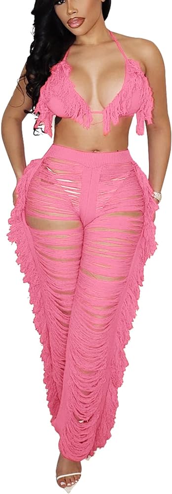 Bluewolfsea Women Summer Sexy 2 Piece Beach Outfits Jumpsuit Knitted Hollow Out Halter Fringe Bikini Top Pants Set