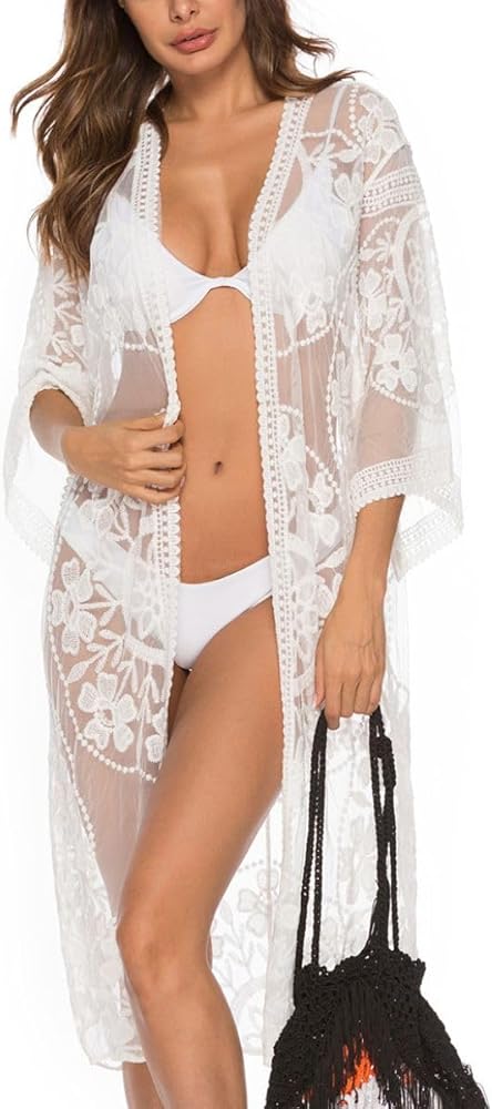 Womens Lace Bathing Suit Cover Up Floral Crochet Open Front Cardigan Summer Beach Bikini Cover Ups Long Kimono