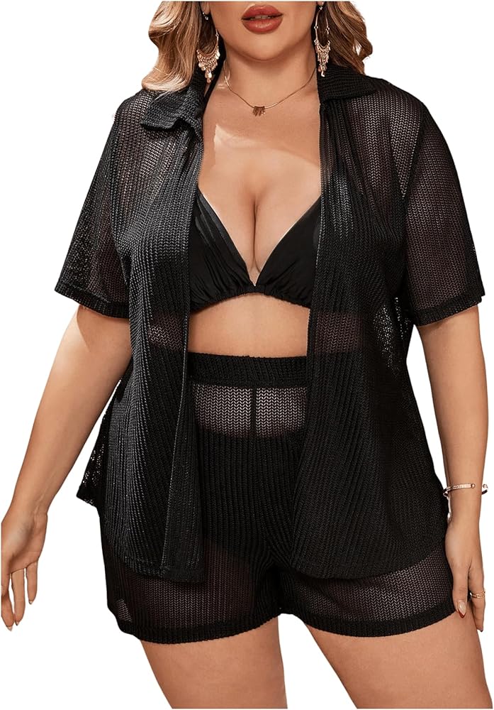 SOLY HUX Women's Plus Size Swim Coverups Sheer Shirt and Shorts Bikini Swimsuits Cover Up 2 Piece Set Beachwear