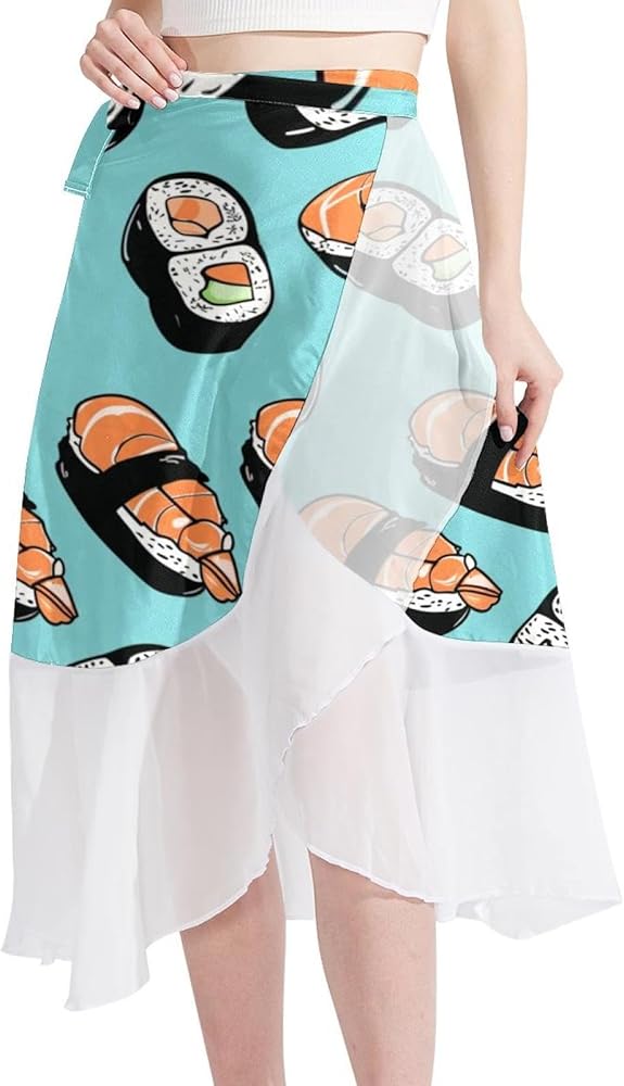 Cover Up Skirt, Womens Beach Cover Up Sarong, Semi-Sheer Swimwear Cover Ups, Cartoon Sushi Kawaii Multicolor