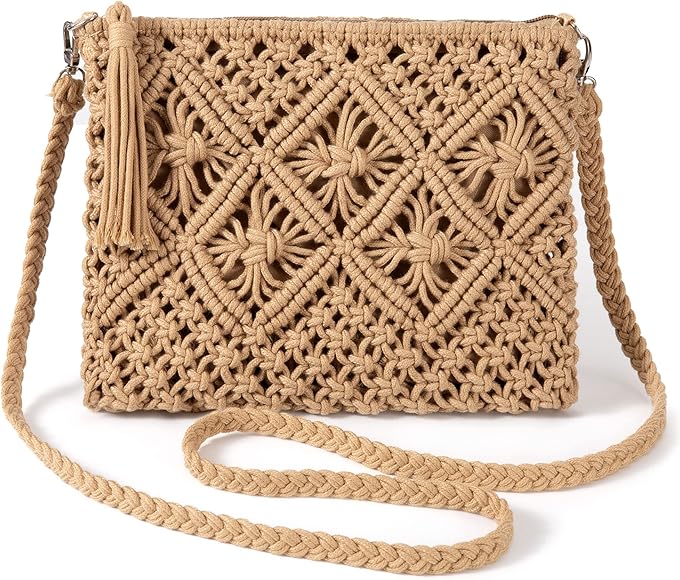 Bolsa de Bandolera de Paja, Mujeres Bolsa de Hombro Cuerda de Algodón Crochet Tejido a Mano, Verano Bolso de Playa de Paja para Vacaciones, Fiesta, Citas