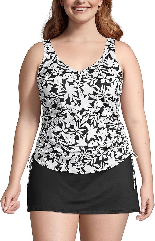 Lands' End Womens Chlorine Resistant Adjustable V-neck Underwire Tankini Top Black Havana Floral Plus 24w