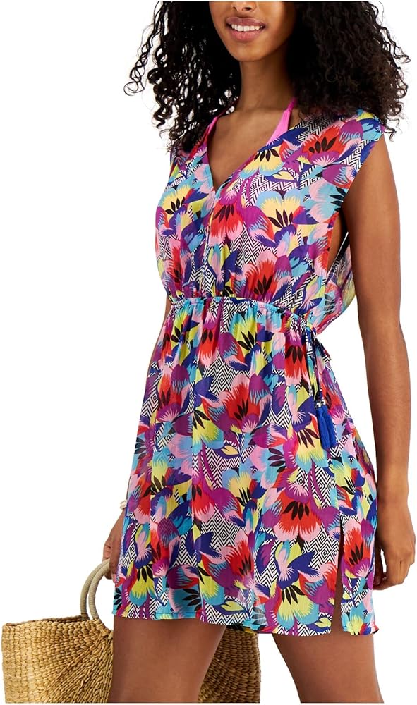 Miken Women's Pink Printed Slit Deep V Neck Tie Swimsuit Cover Up XS