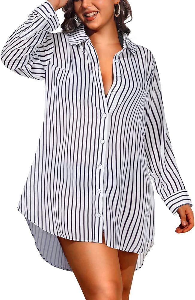 Pinup Fashion Womens Plus Size Swimwear Cover Ups Button Down Beach Long Sleeve Bathing Bikini Shirt Coverup