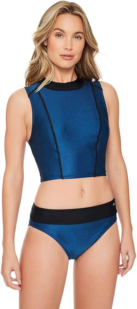 Reebok Women's Swimwear Sparkling Night High Neckline Crop Top Tankini Bathing Suit Top Separate