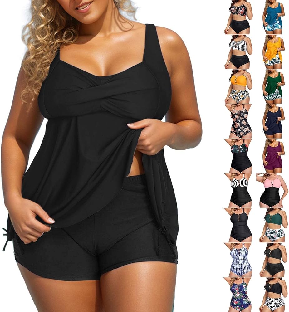 Plus Size Tankini Swimsuits for Women with Bra Shorts Tummy Control Boho Blouson Tankini Tops Ladies Loose Floral Bathing Suit Two Piece Swimsuit Tankinis Swimwear 2024 Black XX-Large