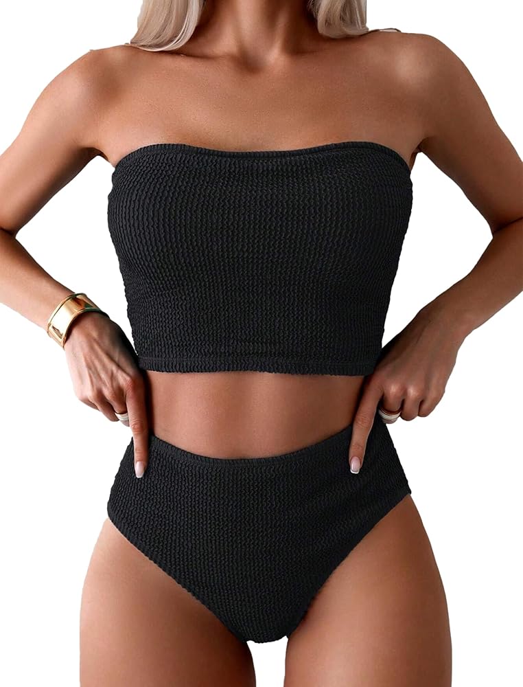 ZAFUL Women Bandeau Tankini Swimsuit Beach Slim Fit Two Piece Bathing Suits Swim Tank Top with Bottoms