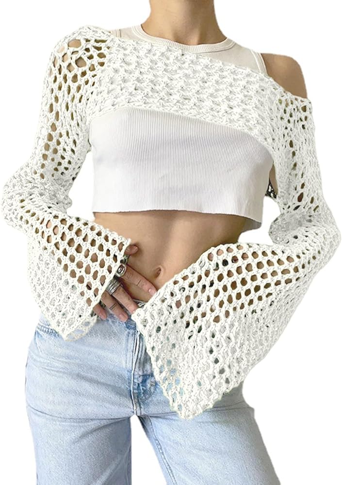 Women's Crochet Crop Tops Summer Mesh Hollow Out Bikini Cover Ups Long Sleeve Short Y2K Streetwear