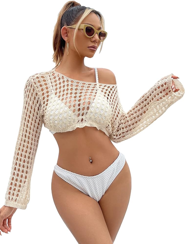 OYOANGLE Women's Hollow Out Sheer Boat Neck Long Sleeve Beach Crop Tops Swimsuit Cover Ups