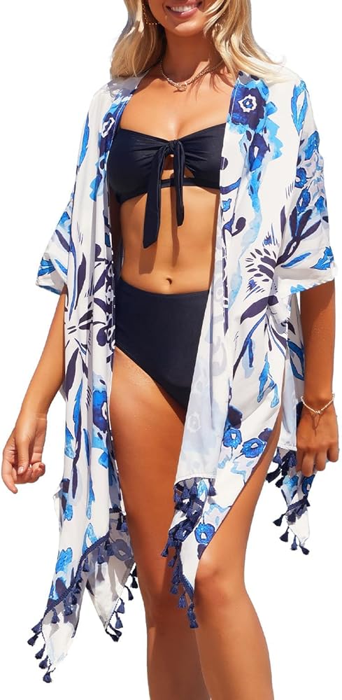 SouqFone Cover Ups for Swimwear Bohemian Kimono Cardigan Ruffled Flounce High Waisted Bikini Set-L,Camouflage Blue Print