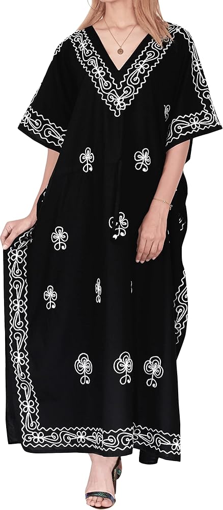 LA LEELA Women's Summer Loungewear Plus Size Caftan Maxi Mumu Slit Dresses 2X-3X Jet Black_AC477