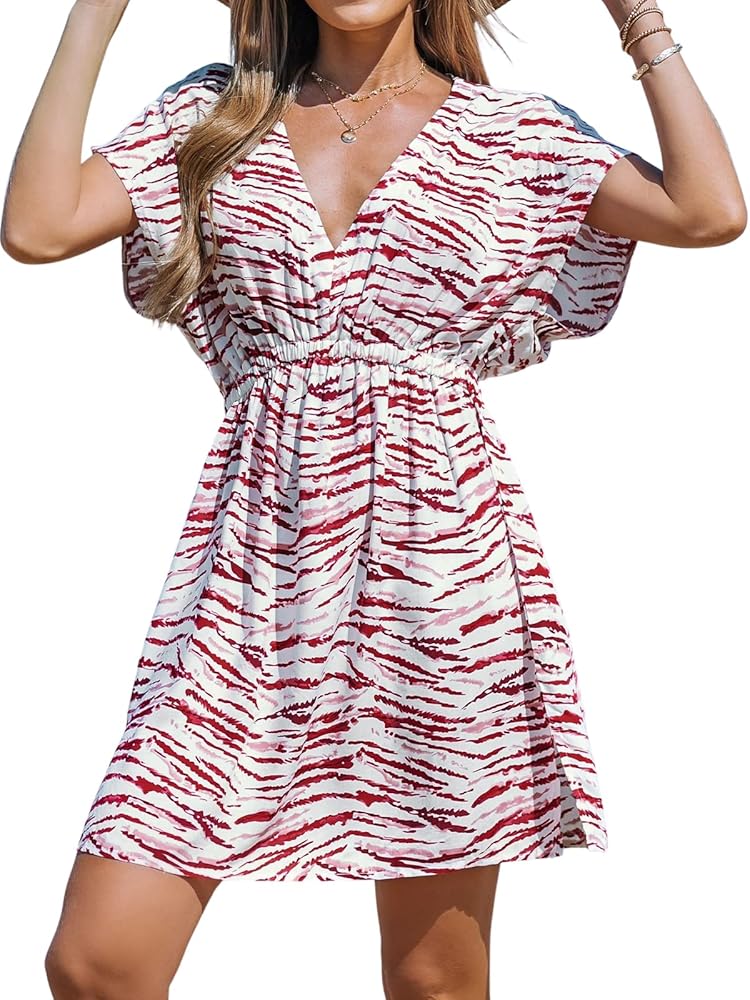 CUPSHE Women Striped Tie-Dye Wash Cover-Up Dress Short Sleeves V Neck Cover Up Sexy Summer