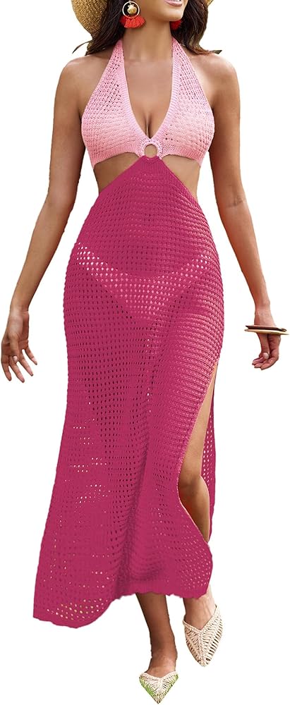 AI'MAGE Womens Sleeveless Swimwear Cover Ups Crochet Bathing Suit Coverup Dress Pink