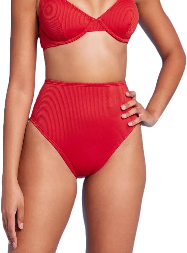 Shade & Shore Women's High Waist High Leg Ribbed Medium Coverage Bikini Bottom -