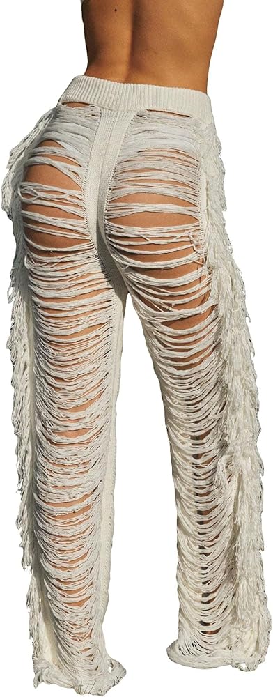 GORGLITTER Women's Crochet Bathing Suit Cover Ups Fringe Hollow Out Bikini Beachwear Beach Pant