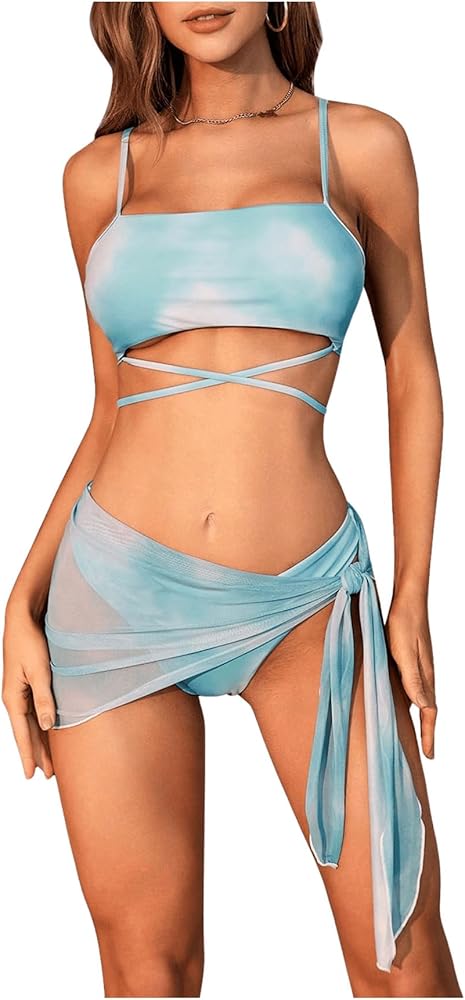 MakeMeChic Women's 3 Piece Bathing Suits Tie Dye Self Tie Bikini Swimsuit with Cover Up Skirt Set