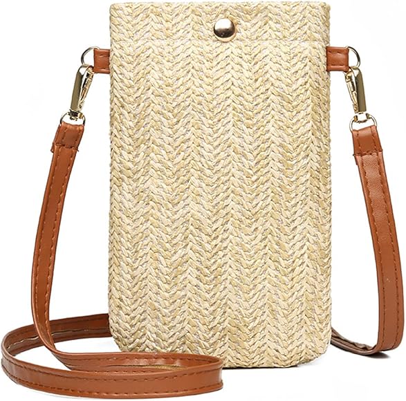 bandolera de paja, de 1 pieza, bolso de playa de verano, de hombro tejido a juego para mujer, vertical simple para teléfono móvil, beige