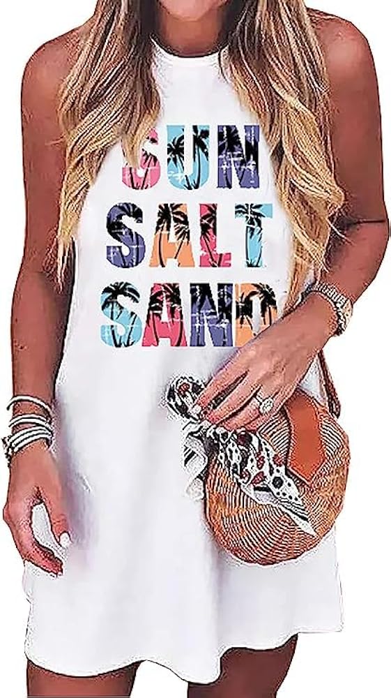 Sun Salt Sand Coconut Tree Mini Dress Women Summer Sleeveless Vacation Tank Dress Beach Praty Shirts Dress