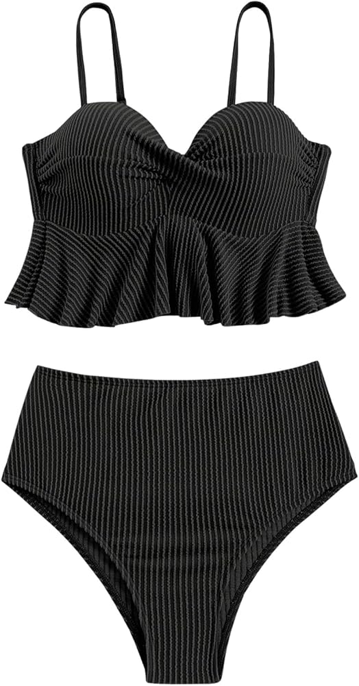 MakeMeChic Women's Striped Tankini Swimsuit Wrap Cross High Waisted Ruffled Two Piece Bathing Suit