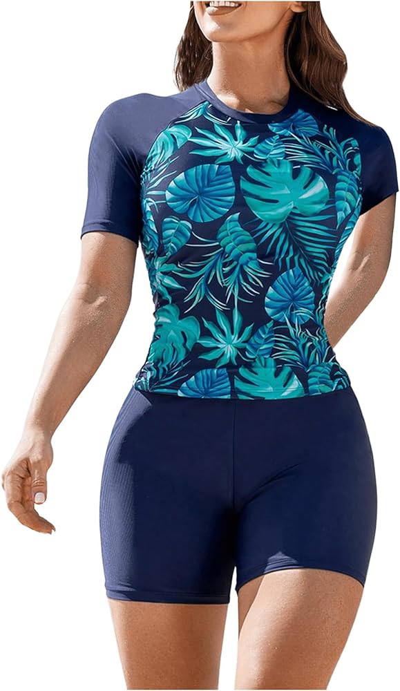 SOLY HUX Women's Tankini Sets Two Piece Rash Guard Short Sleeve Swim Shirts with Shorts Swimsuit Bathing Suit