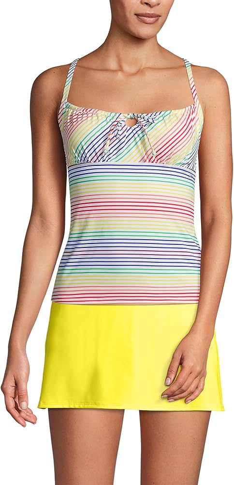 Lands' End Women Chlorine Resistant Tie Front Underwire Tankini Top Electric Blue Rainbow Stripes Regular 12