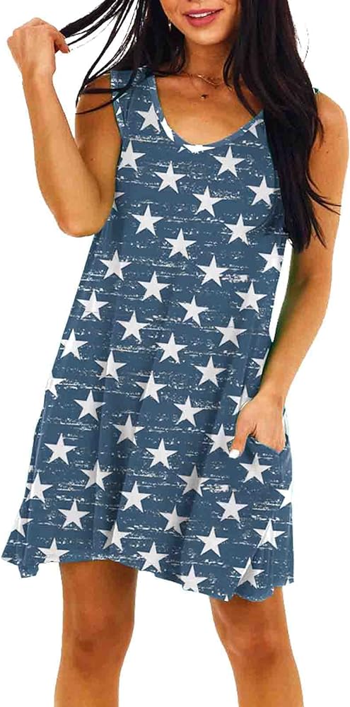 July 4th Womens Summer Dresses Blue Stars Beach Pocket Sundress Swing Patriotic Cover Up XXL