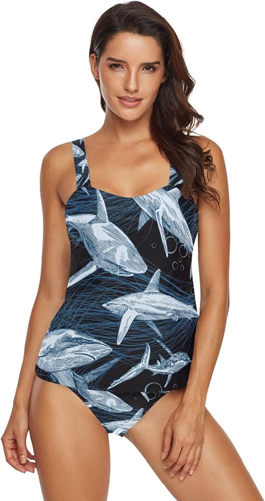 Sharks 2 Piece Women Tankini Swimsuit Tummy Control Sport Bathing Suit with Bikini Bottom