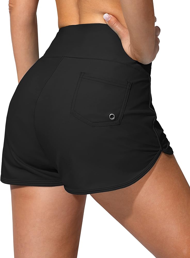 Women's Swim Shorts with Pockets High Waisted Tummy Control Board Swimsuit Bathing Shorts for Women with Liner