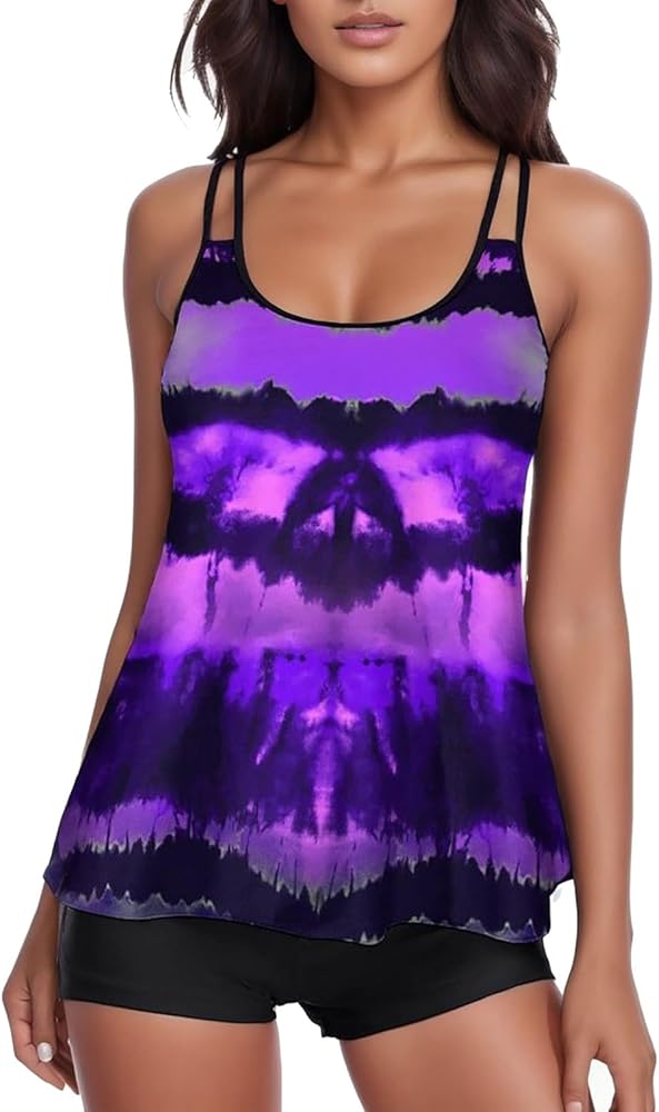 Tankini Swimsuits for Womens 2 Piece Tankini Set Shorts Swim Tank Tops Sexy Flowy Swimwear Tummy Control Bathing Suits, XX-Large, Purple2