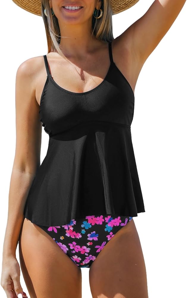 CUPSHE Women's Tankini Sets Two Piece Swimsuit Scoop Neck Mid Rise Adjustable Straps Ruffled Hem