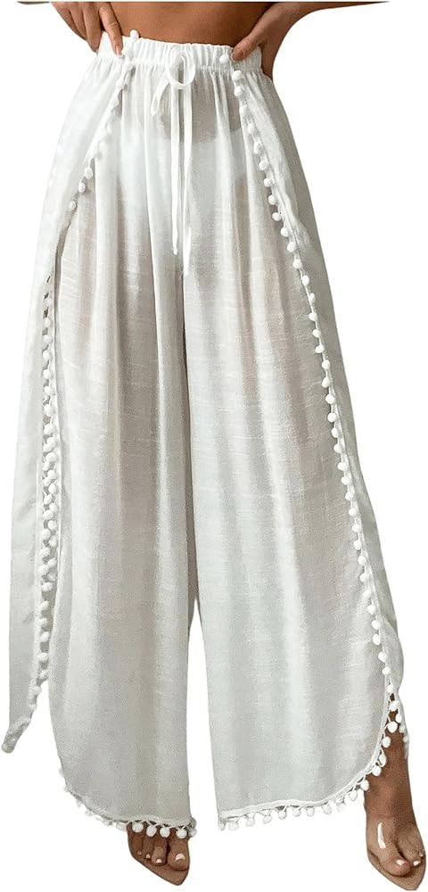 SHENHE Women's Bathing Suit Cover Up Pants Split Wide Leg Sheer Flowy Beach Palazzo Pants