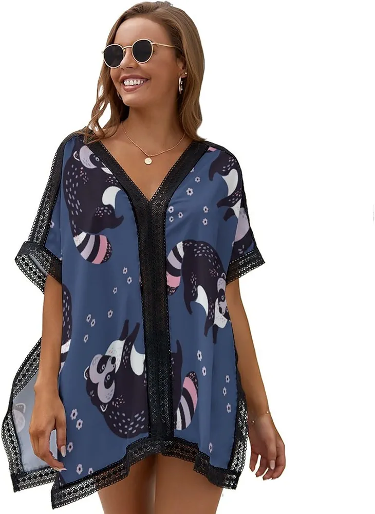 Raccoons and Flower Women's Swimsuit Cover Up 3/4 Sleeve Beachwear Bikini Coverups Oversized Bathing Suit Dress