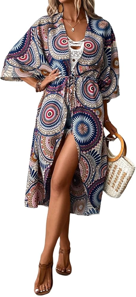 Floral Print Puff Sleeve Kimono Cardigan for Women Loose Swimsuit Cover Up Casual Blouse Tops APRICOT XS