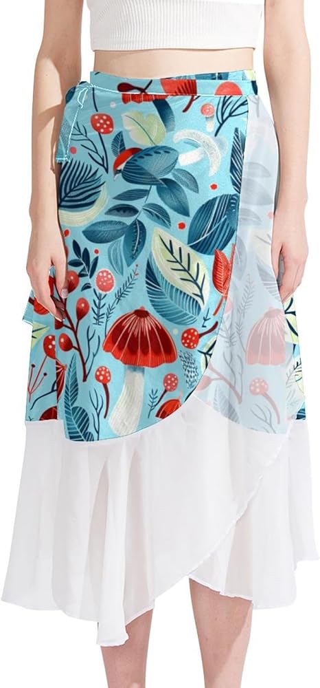 Cover Up Skirt, Women Beach Sarong, Semi-Sheer Swimwear Cover Ups, Cartoon Forest Mushroom Flower Snail