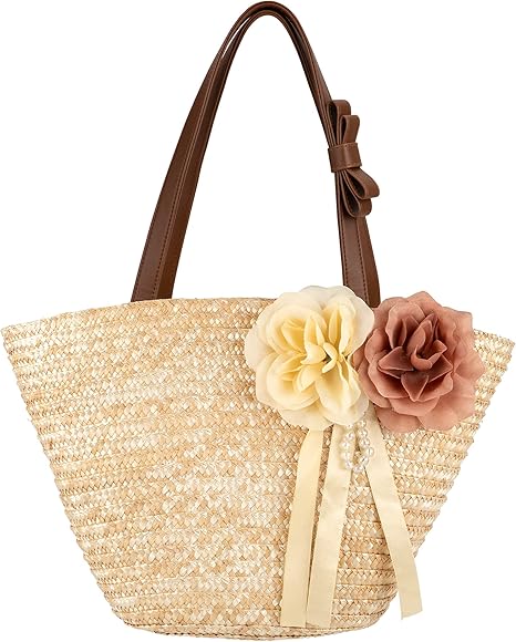 Bolso de Mano para Mujer, Totes de Playa de Veranode con Flor Grande, Bolso de Hombro Tejida de Paja Verano para Viajes de Vacaciones Compras Cesta