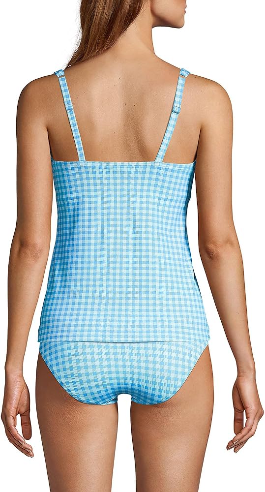 Lands' End Womens Chlorine Resistant Square Neck Tankini Top Control Paradise Aqua Gingham Regular 10