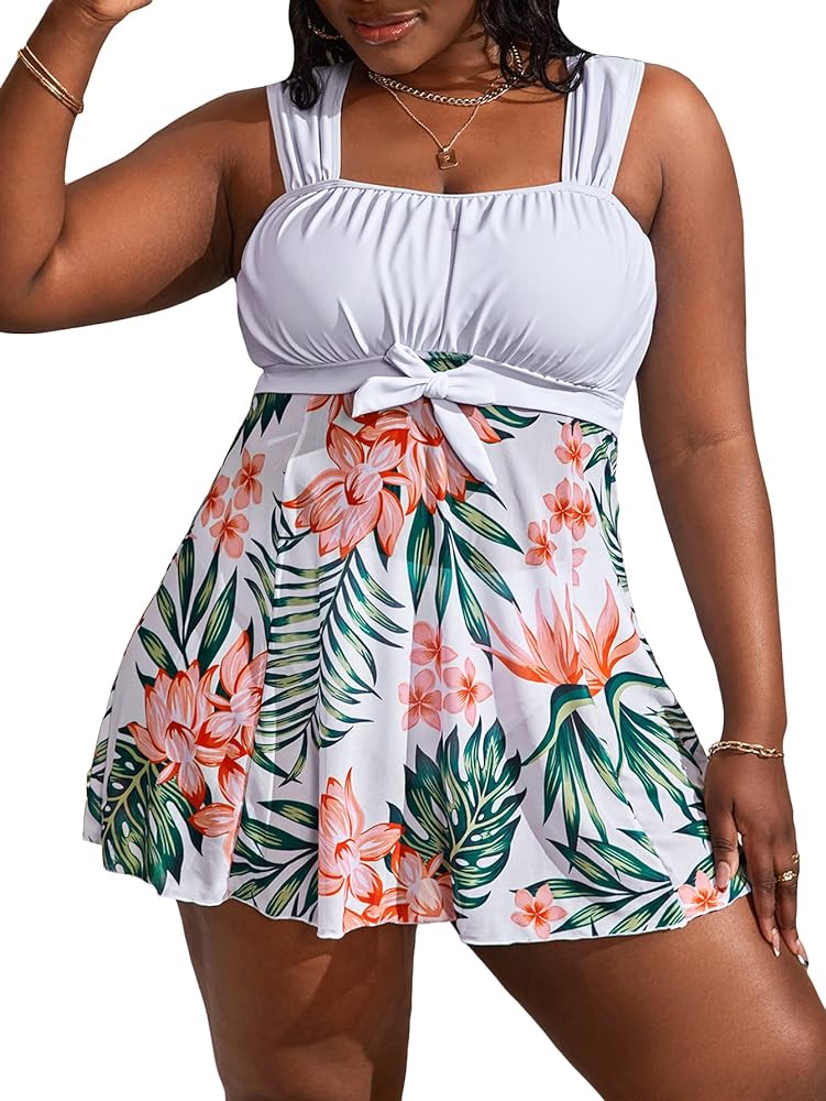 MakeMeChic Women's Plus Size Tankini Swimsuit Plant Print Two Piece Bathing Suit