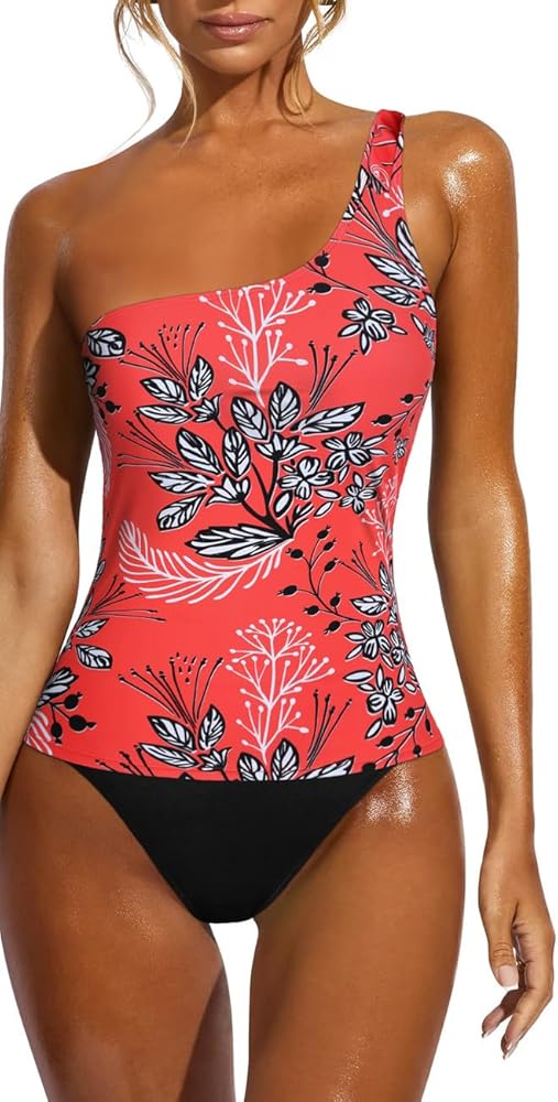 Hilor Tankini Bathing Suits for Women One Shoulder Swimwear Asymmetric Tummy Control Two Piece Swimsuits