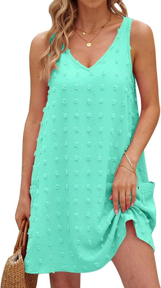 TECREW Women's Summer Sleeveless V Neck Tank Dress Swiss Dot Beach Cover Up Mini Dress with Pockets