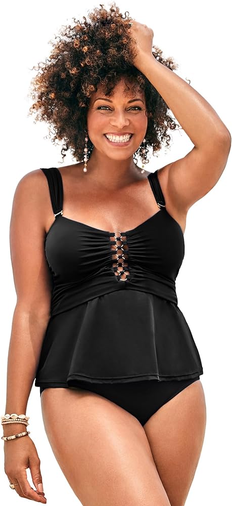 Swimsuits For All Women's Plus Size Underwire Shirred Ring Bandeau Tankini Top