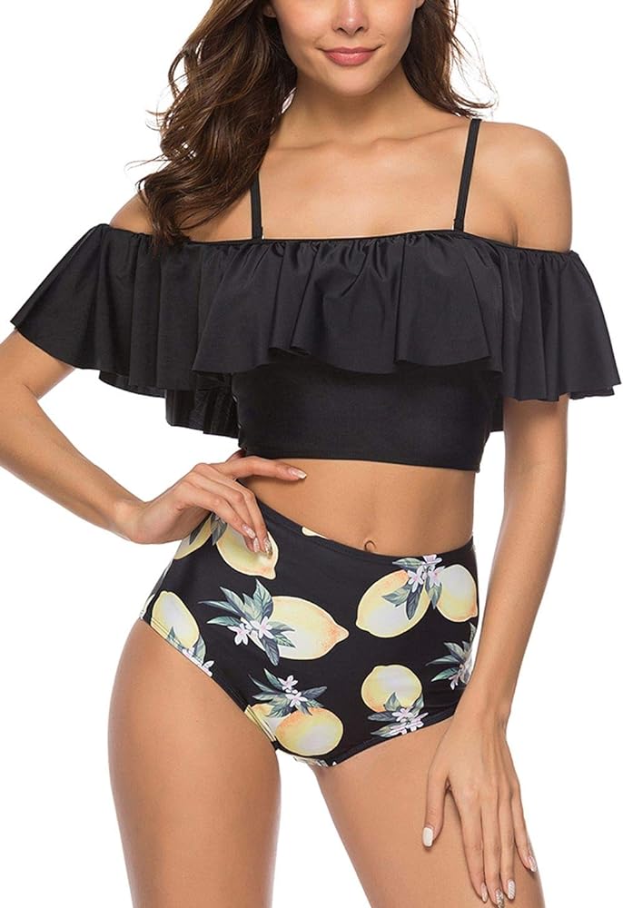 High Waisted Flounce Bikini Set,Tummy Control Swimsuits for Women Two Piece,Off Shoulder Bathing Suit