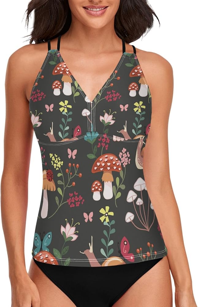 Mushroom Snails Womens Tankini Tops Only V Neck Tankini Swimsuits Tops Cross Back Summer Tops No Bottom